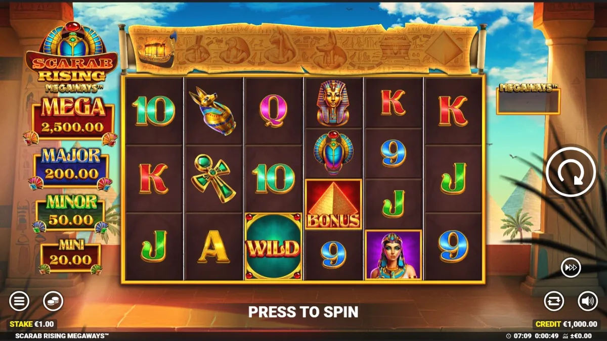 Interface do jogo de slot Scarab Rising Megaways com tema egípcio