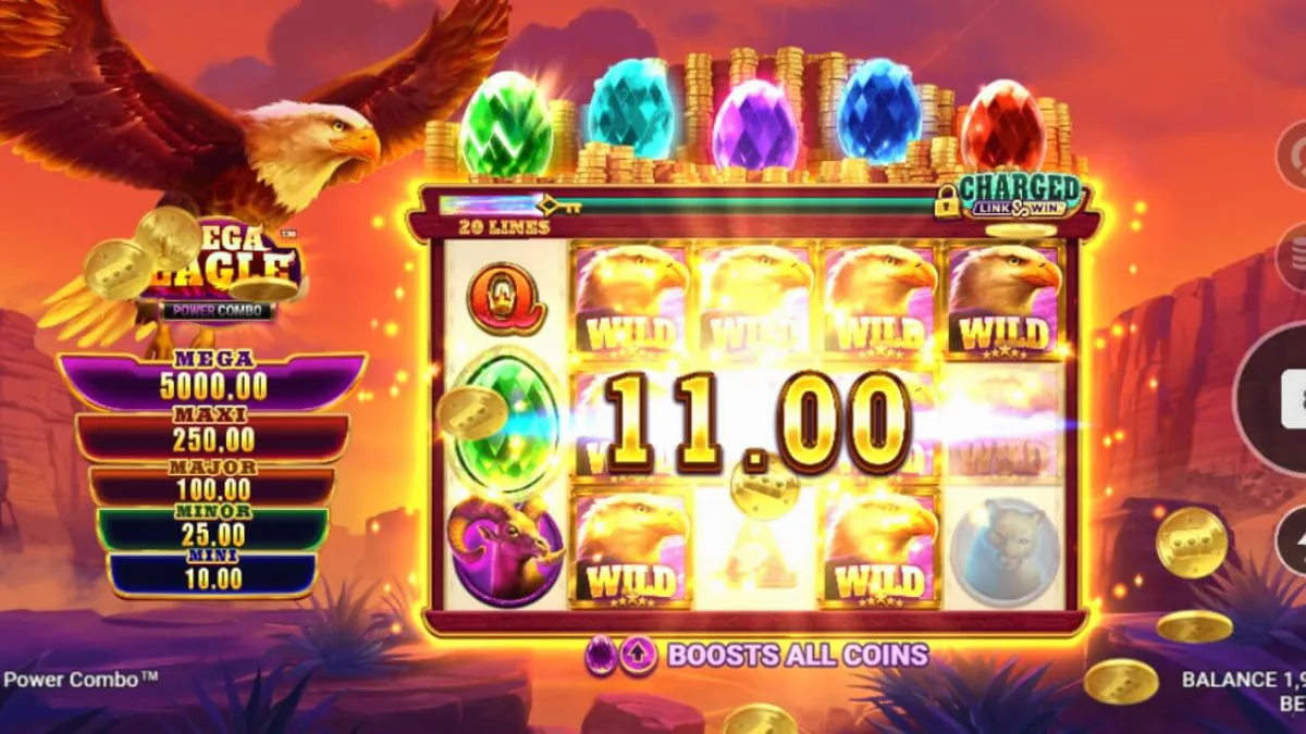 Mega Eagle Power Combo slot machine interface featuring eagle and mountain wilderness theme