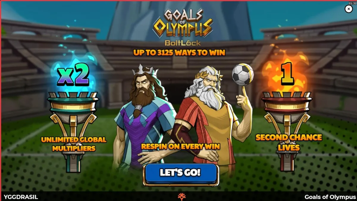 Interface do jogo Goals of Olympus BoltLock com Zeus e elementos de futebol