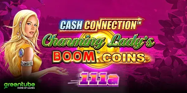 Interface do jogo de slot Cash Connection Charming Lady’s Boom Coins com moedas brilhantes