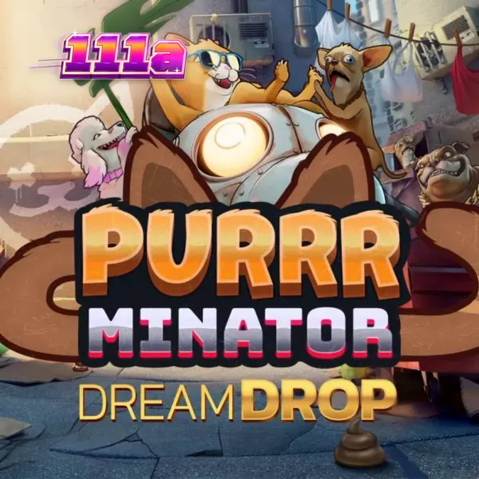 Tela de jogo do slot Purrrminator Dream Drop com temática cyberpunk